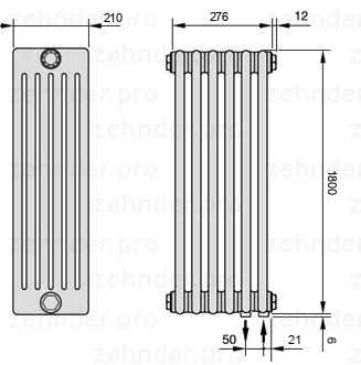 Схема (чертеж) Радиатор Zehnder Charleston 6180/6 №5510 Белый глянцевый RAL 9016